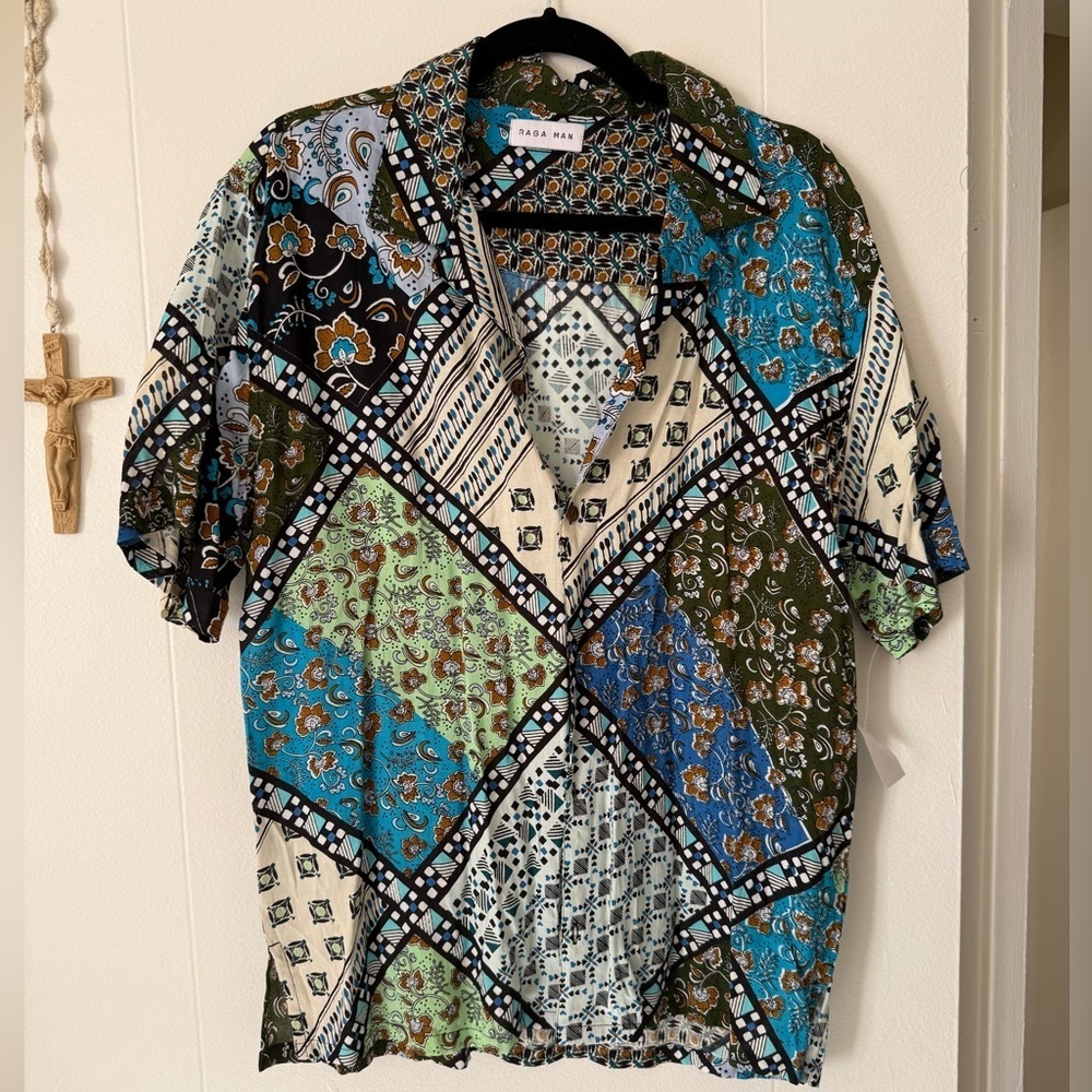 RAGA Arnav Multicolor Patchwork Button Down Men Shirt Large